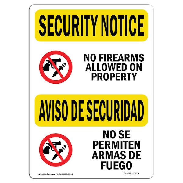 Sign, 3.5" H, 5" W, No Guns Allowed Bilingual, Landscape, SN-D-35-L-11612-10PK